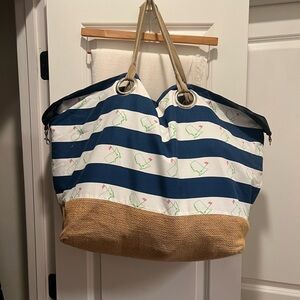 Master’s Nautical Blue and White Large Tote with Tan Base
